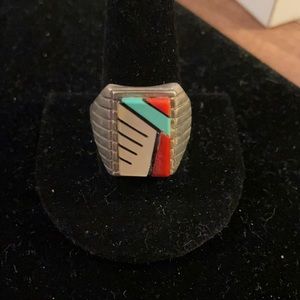 Native Navajo Sterling Silver Blue Turquoise Coral Inlay Ring Size 13.25